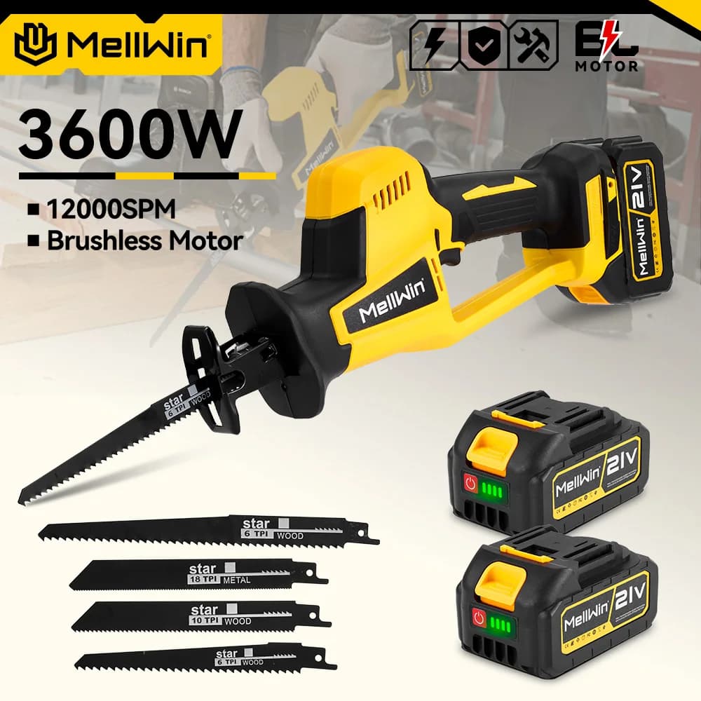 MELLWIN 3600W Brushless Electric Reciprocating Saw 12000SPM Wood Metal Pipe Cutting Sabre Saw Tool For Makita 18V Battery Pin