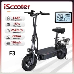 IScooter F3 E-Scooter, 13Ah Large Battery 60KM Max Range, 10'' Inflatable Road Tires, Foldable Electric Scooter with Removable Seat and Basket for Urban Travel