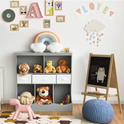 Children's Shelf, Toy Shelf with 5 Compartments and 3 Drawers, Bookcase for Children, , 93 x 40 x 94 cm, Grey