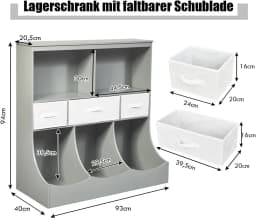 Children's Shelf, Toy Shelf with 5 Compartments and 3 Drawers, Bookcase for Children, , 93 x 40 x 94 cm, Grey