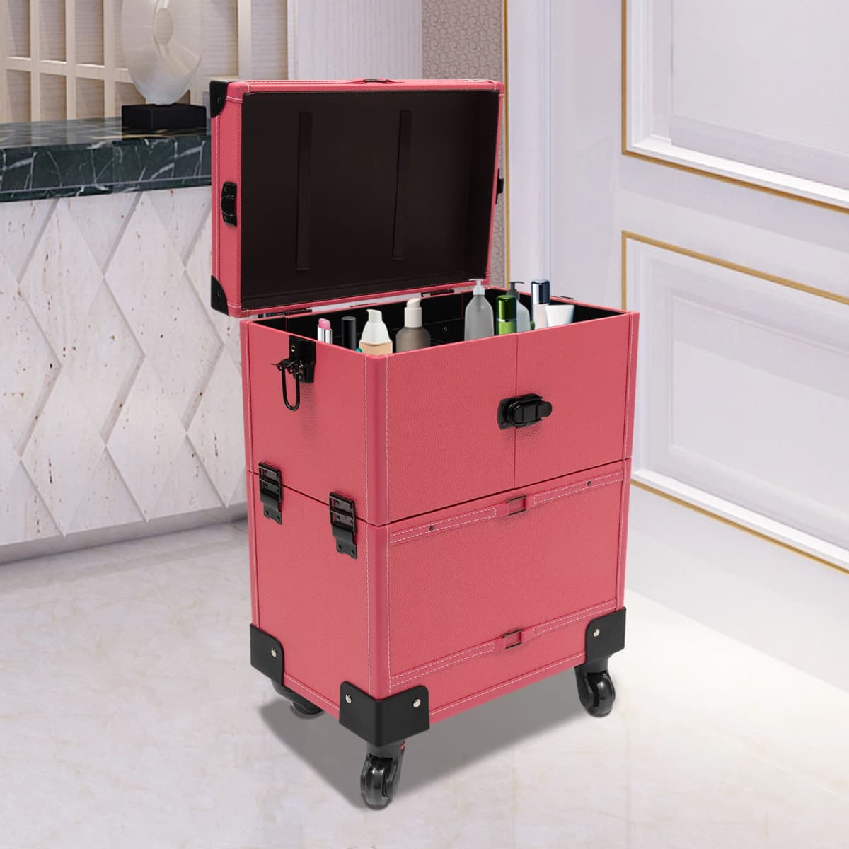 Sturdy Makeup Train Case with Retractable Trays, Large Storage Capacity, and Secure Locks – High-Quality Waterproof Materials,