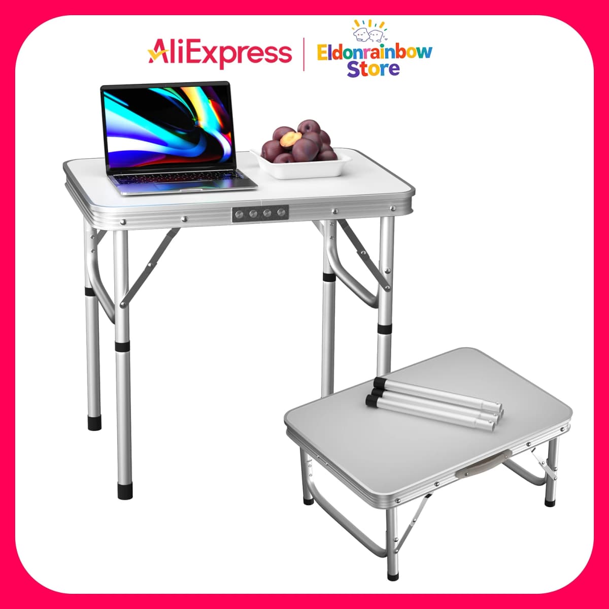 2FT Folding Computer Desk for Small Spaces, Height Adjustable PC Laptop Bed Side Table 60x45x26/56cm(2x1.5x1/2ft) White
