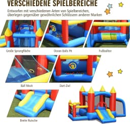Bouncy Castle + 450 W Blower Spring Castle Outdoor Bouncer with Slide, Football Goal, 2 Darts, Carry Bag, Stakes, Repair Pack
