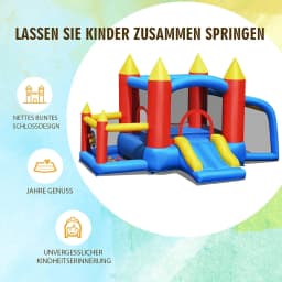 Bouncy Castle + 450 W Blower Spring Castle Outdoor Bouncer with Slide, Football Goal, 2 Darts, Carry Bag, Stakes, Repair Pack