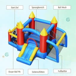 Bouncy Castle + 450 W Blower Spring Castle Outdoor Bouncer with Slide, Football Goal, 2 Darts, Carry Bag, Stakes, Repair Pack