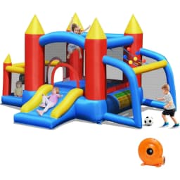 Bouncy Castle + 450 W Blower Spring Castle Outdoor Bouncer with Slide, Football Goal, 2 Darts, Carry Bag, Stakes, Repair Pack