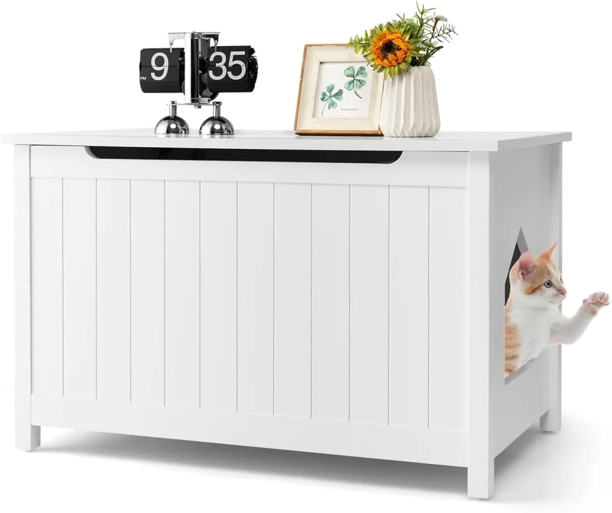 Cat House Cat Litter Tray Cabinet, Cat Cave with Entrance & Hinged Lid, Pet Box with Removable Divider & 2 Hooks