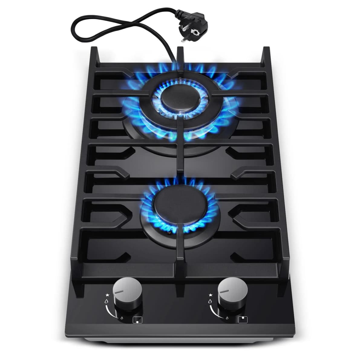 EU Certified 2 Burner Gas Hob 30cm Tempered Glass | Built-in W/Cast Iron Rack Dual Fuel (NG/LPG) 5200W Flame Failure Black