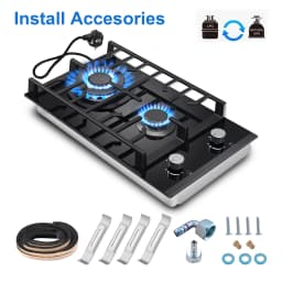 EU Certified 2 Burner Gas Hob 30cm Tempered Glass | Built-in W/Cast Iron Rack Dual Fuel (NG/LPG) 5200W Flame Failure Black
