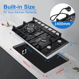 EU Certified 2 Burner Gas Hob 30cm Tempered Glass | Built-in W/Cast Iron Rack Dual Fuel (NG/LPG) 5200W Flame Failure Black