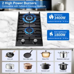 EU Certified 2 Burner Gas Hob 30cm Tempered Glass | Built-in W/Cast Iron Rack Dual Fuel (NG/LPG) 5200W Flame Failure Black