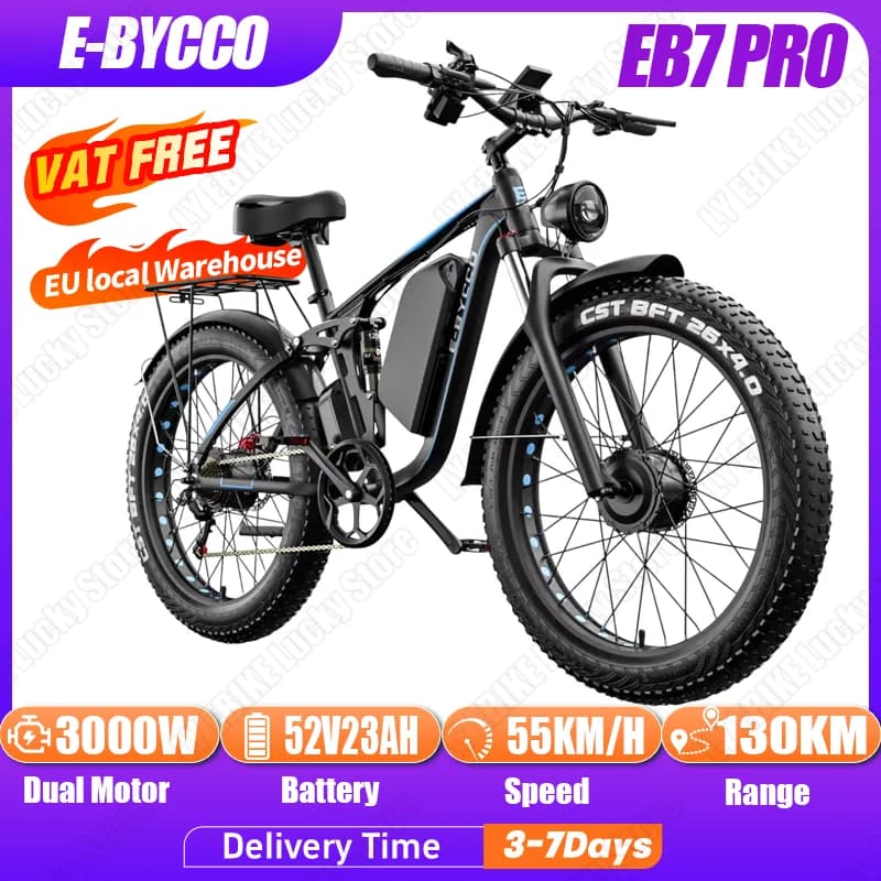 E-BYCCO EB7 PRO Electric Bicycle 3000W Dual Motor 52V23AH Hydraulic Brake Electric Bike 26*4.0 Inch Fat Tire Mountain Snow Ebike