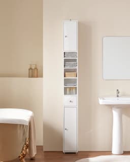 Sobuy Bzr167-Gw Bathroom Tall Cabinet with 5 Compartments Bathroom Storage Cabinet Bathroom Shelf with 1 Drawer and Doors Bathroom Furniture High Gloss White