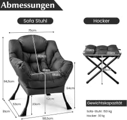 Armchair with Stool, Recliner Chair with Armrests, Side Pocket & Footrest, Wing Chair for Living Room, Bedroom, Office (Grey)