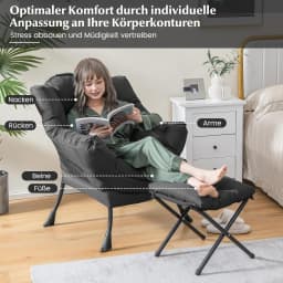 Armchair with Stool, Recliner Chair with Armrests, Side Pocket & Footrest, Wing Chair for Living Room, Bedroom, Office (Grey)