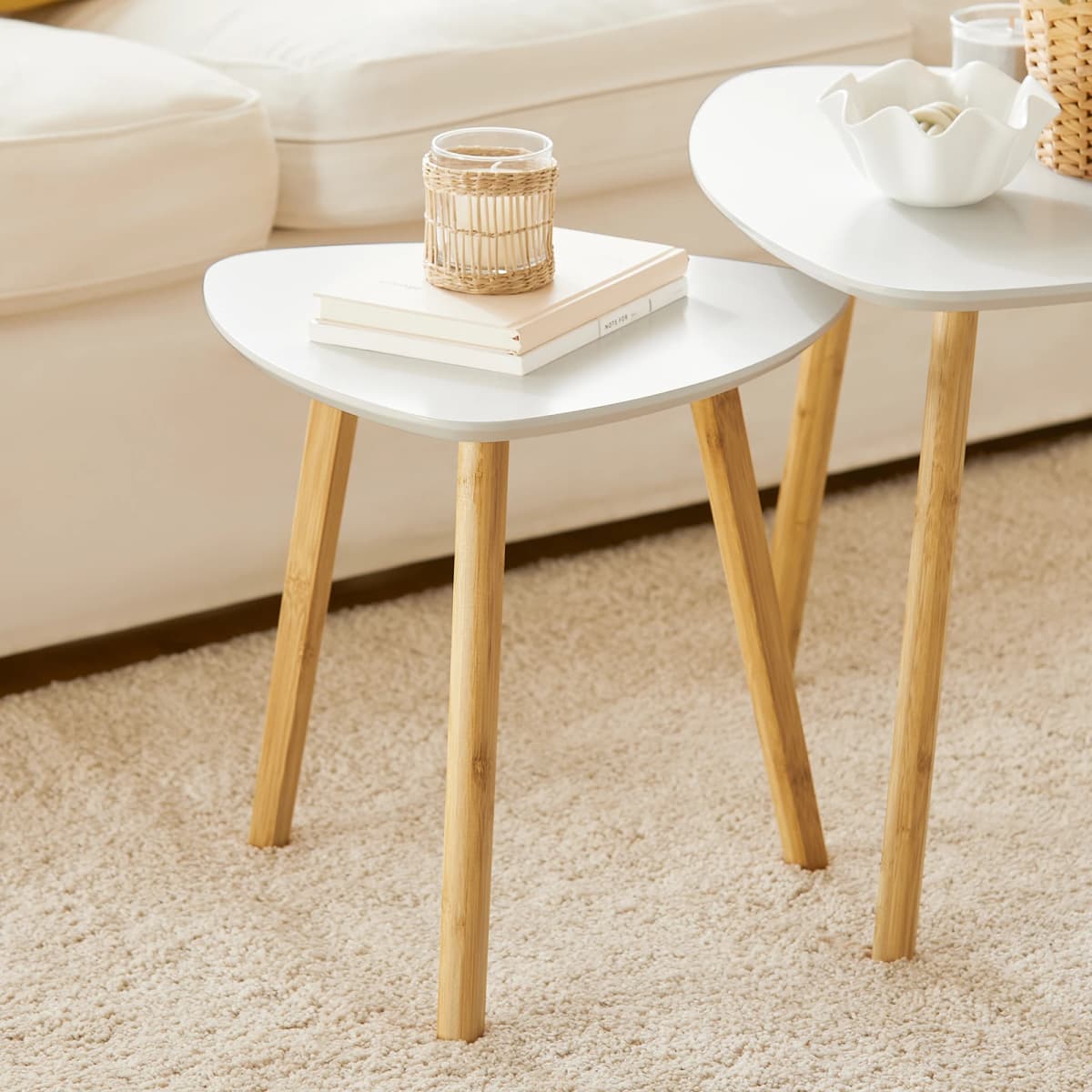 SoBuy FBT74-W Set of 2 side tables with shelves, coffee table, sofa table, nesting tables, bamboo, white/natural