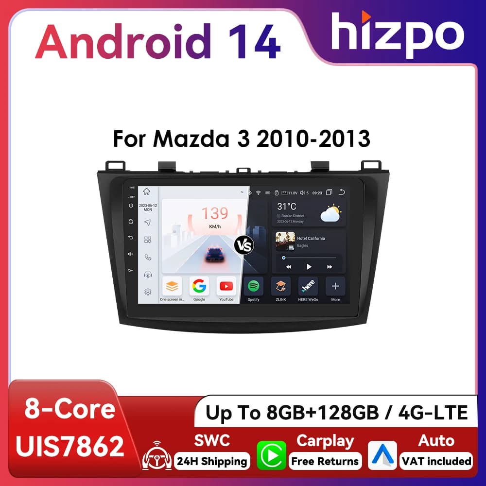 Hizpo 2Din 9inch Android14 Car Radio for Mazda 3 2010 - 2013 Multimedia RDS DSP GPS Navigation Auto BT 4G CarPlay 360CAM UI7862