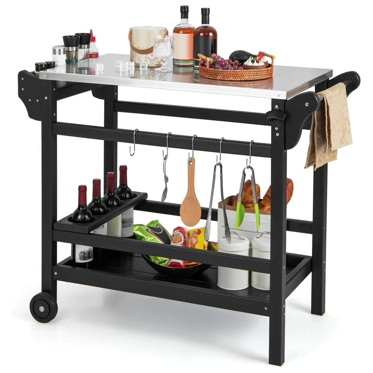 Barbecue Trolley Made of HDPE, Grill Table with Spice Tray, Wine Bottle Rack, Handle & 2 Wheels, Stainless Steel Worktop