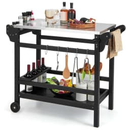 Barbecue Trolley Made of HDPE, Grill Table with Spice Tray, Wine Bottle Rack, Handle & 2 Wheels, Stainless Steel Worktop