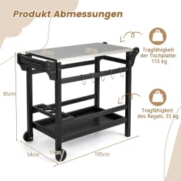 Barbecue Trolley Made of HDPE, Grill Table with Spice Tray, Wine Bottle Rack, Handle & 2 Wheels, Stainless Steel Worktop