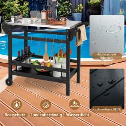 Barbecue Trolley Made of HDPE, Grill Table with Spice Tray, Wine Bottle Rack, Handle & 2 Wheels, Stainless Steel Worktop