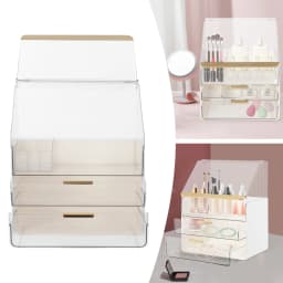 Modern Rectangular Makeup Organizer Cosmetic Organizer Removable Design Cosmetics Organizer with Lid and Drawers