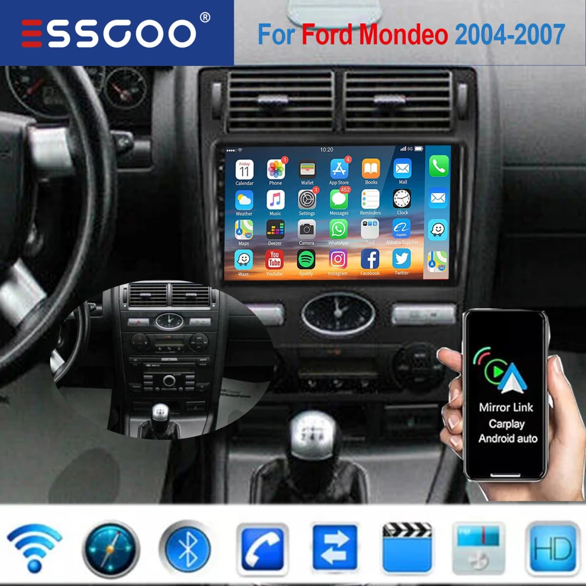 ESSGOO Android 14 9" IPS Touch screen Display GPS Navigation Car Stereo WIFI SWC RDS FM Mirror link BT For Ford Mondeo 2004-2007