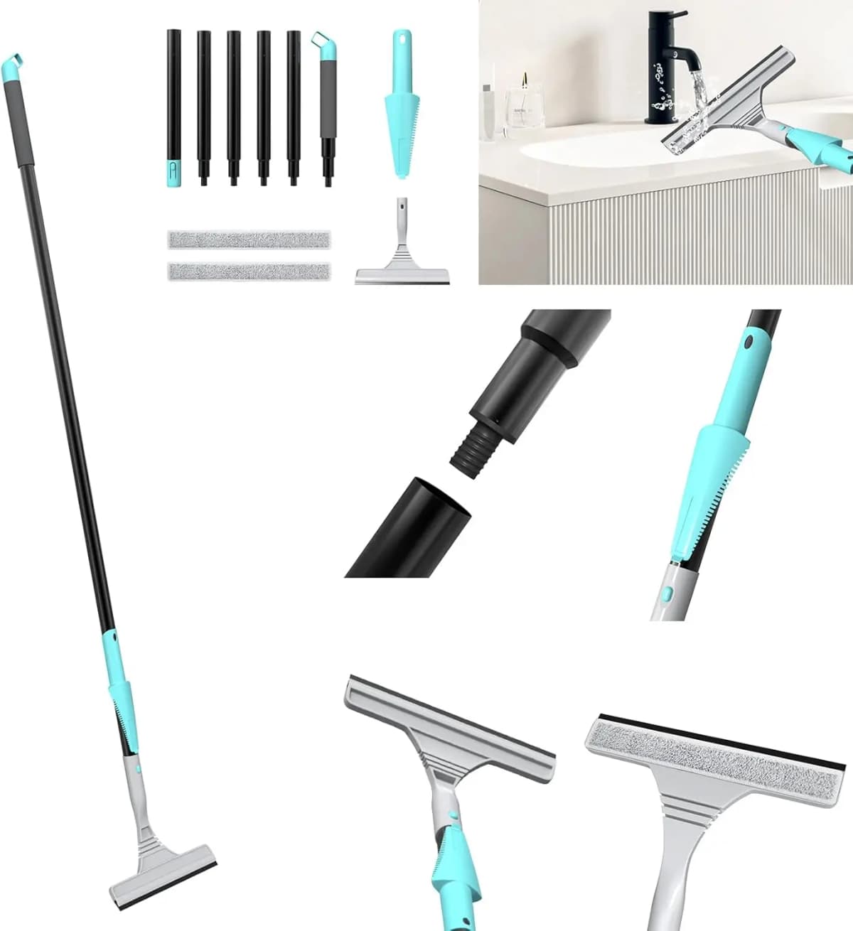 Long Handle 2 IN1 Floor Squeegee and Clean, Microfiber Rubber Squeegee Combo Household Floor Wiper with 154cm For Wall Cleaning