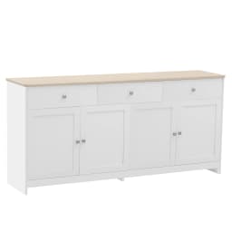 Sideboard with white wood carving, four doors, with three drawers, living room, dining room. Wood color and white