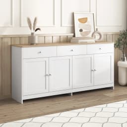 Sideboard with white wood carving, four doors, with three drawers, living room, dining room. Wood color and white