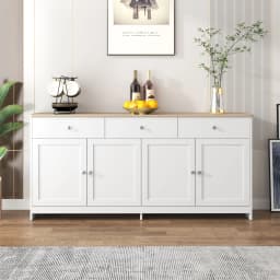 Sideboard with white wood carving, four doors, with three drawers, living room, dining room. Wood color and white