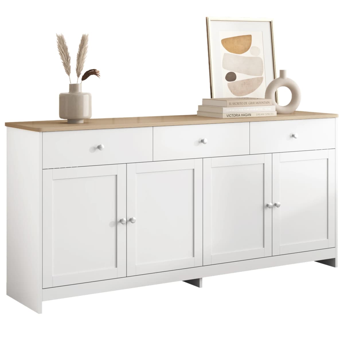 Sideboard with white wood carving, four doors, with three drawers, living room, dining room. Wood color and white