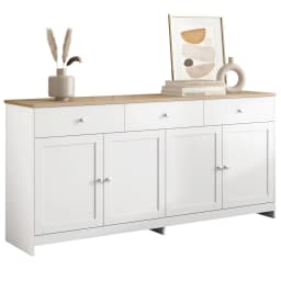 Sideboard with white wood carving, four doors, with three drawers, living room, dining room. Wood color and white