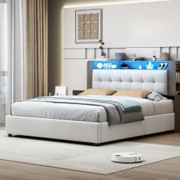 Creahappy Soft-Padded Bed with Storage Space, Double Bed with Headboard Featuring a Wireless Charger and Storage Shelf