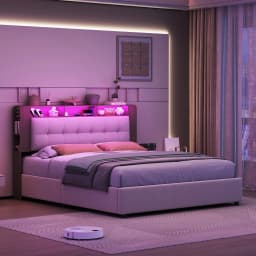 Creahappy Soft-Padded Bed with Storage Space, Double Bed with Headboard Featuring a Wireless Charger and Storage Shelf