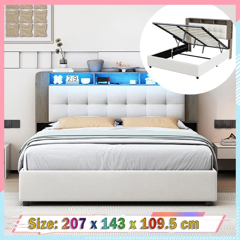 Creahappy Soft-Padded Bed with Storage Space, Double Bed with Headboard Featuring a Wireless Charger and Storage Shelf