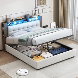 Creahappy Soft-Padded Bed with Storage Space, Double Bed with Headboard Featuring a Wireless Charger and Storage Shelf