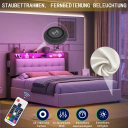 Creahappy Soft-Padded Bed with Storage Space, Double Bed with Headboard Featuring a Wireless Charger and Storage Shelf
