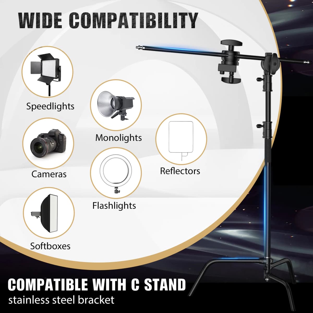 SH 2.6M Black Stainless Steel Century Foldable Light Stand Tripod Cantilever Photography C-Stand For Spot Light Softbox