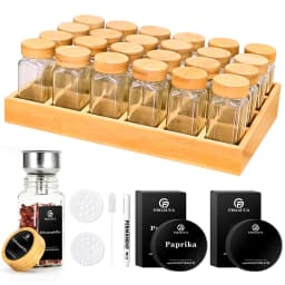 Natural Bamboo Spice Rack With 24 Square Glass Spice Jars And 180 Black Labels, Spice Organizer For Easy Move