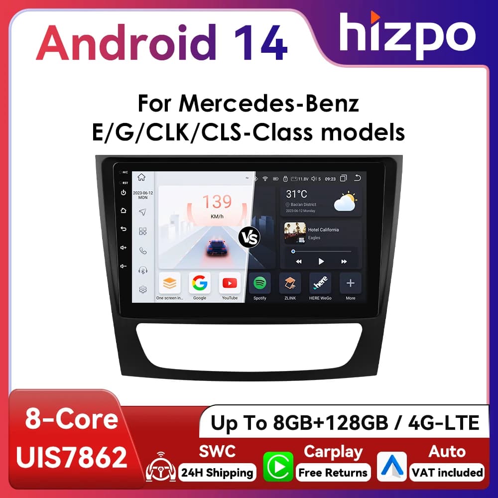 9" Hizpo Android Car Radio for Mercedes Benz E-Class W211 W219 G-Class W463 CLK W209 2001 - 2009 RDS DSP GPS BT 4G Auto CarPlay