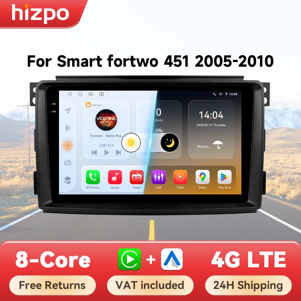 Hizpo 9" Smart Car Systems Radio For Smart Fortwo 451 2005 - 2010 4G Multimedia Player GPS 2din Autoradio Carplay Android Auto