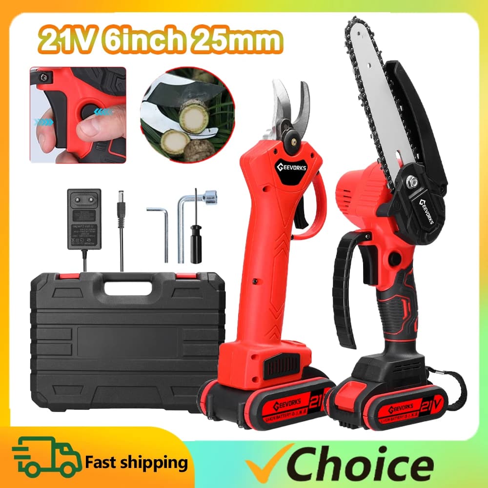 6inch 21V Electric Chainsaw and 25mm Cordless Pruning Shear Set Wood Splitting Cutting Machine Kit Handheld Woodworking Tool