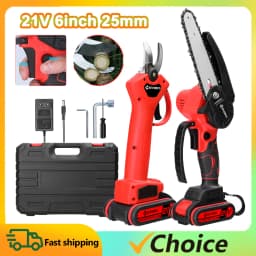6inch 21V Electric Chainsaw and 25mm Cordless Pruning Shear Set Wood Splitting Cutting Machine Kit Handheld Woodworking Tool