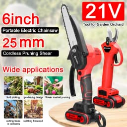6inch 21V Electric Chainsaw and 25mm Cordless Pruning Shear Set Wood Splitting Cutting Machine Kit Handheld Woodworking Tool