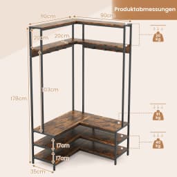 Corner coat rack with bench, L-shaped dresses stand with open shelves & 7 hooks, wardrobe, hallway wardrobe for hallway