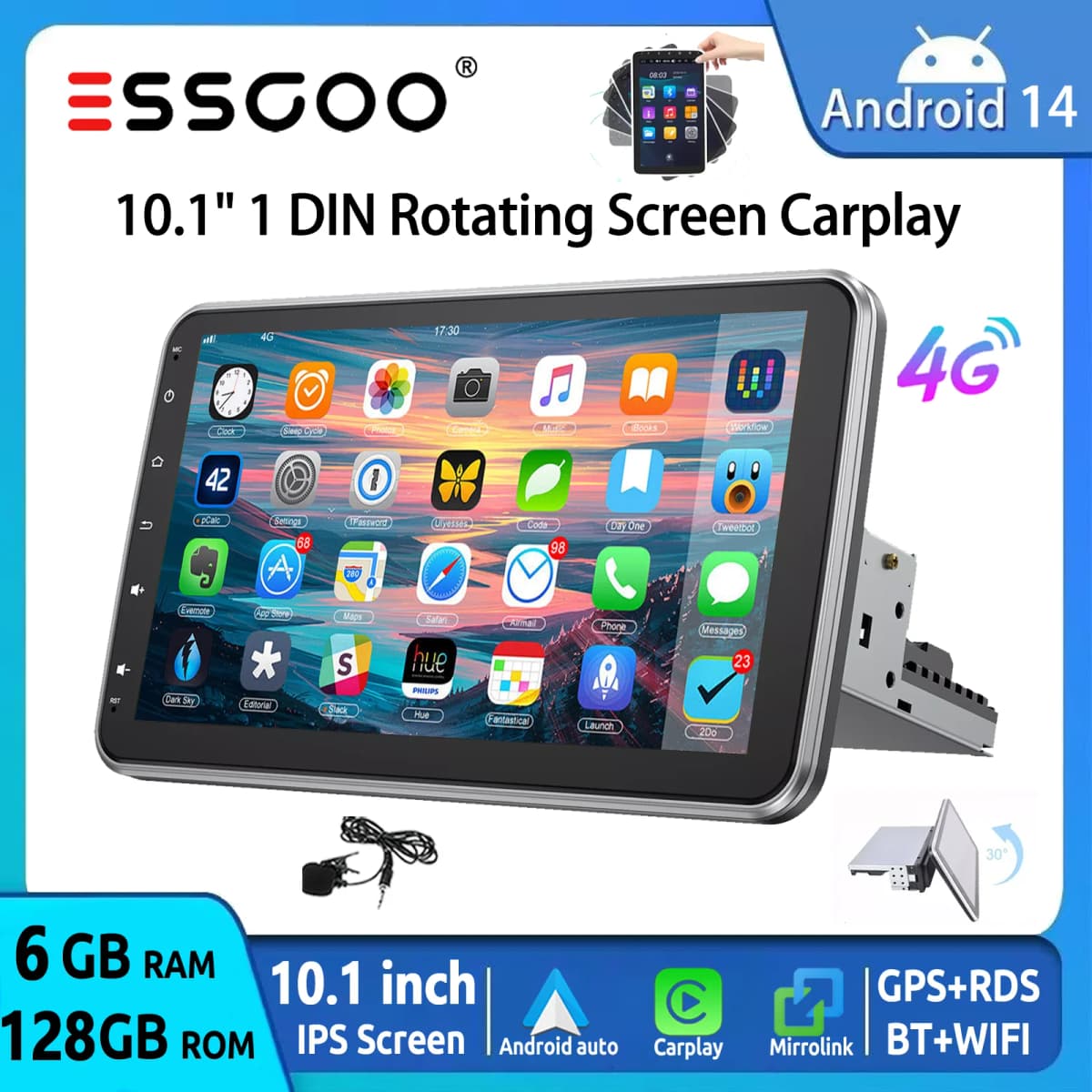 ESSSGOO 8 Core 360° Rotating Screen Android 14 6+128G Carplay Android Auto Universal Car Stereo Radio 1 DIN GPS Navi 4G LTE WiFi