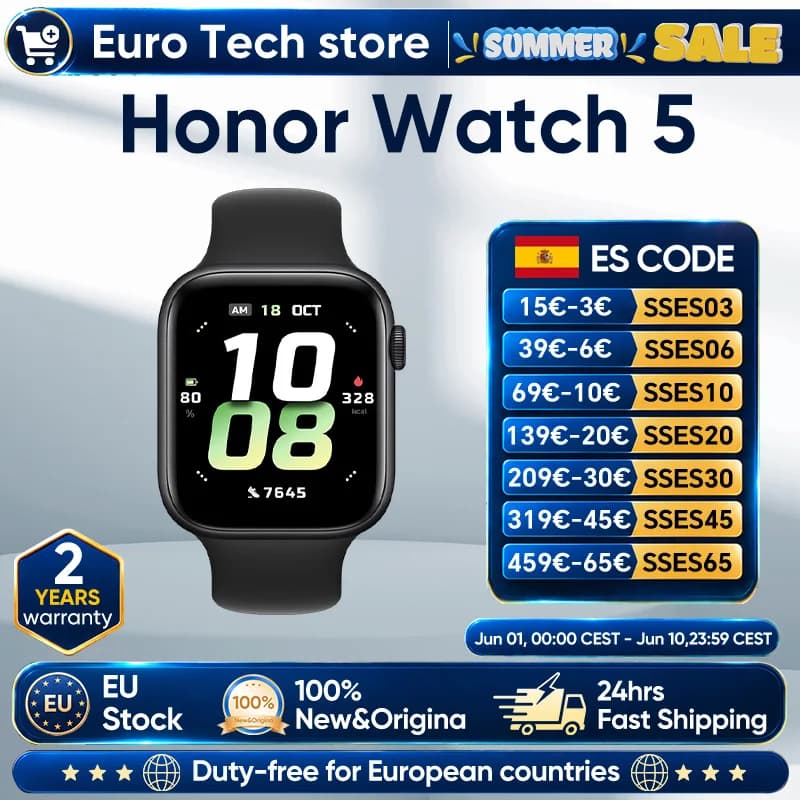Honor Watch 5 1.85-inch 15 Days Long Battery Health Scan Precise GPS Tracking Life Larger AMOLED Display 60Hz 5ATM IP68 BT5.2