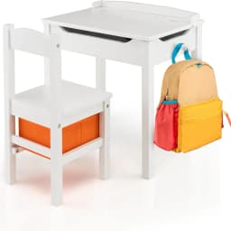 Children's Table with Chair, Children's Furniture Set Made of Solid Wood with Folding Table Top and Storage Space, Children's