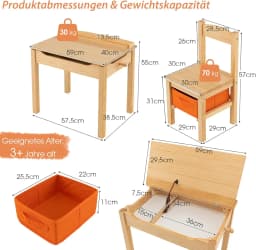 Children's Table with Chair, Children's Furniture Set Made of Solid Wood with Folding Table Top and Storage Space, Children's